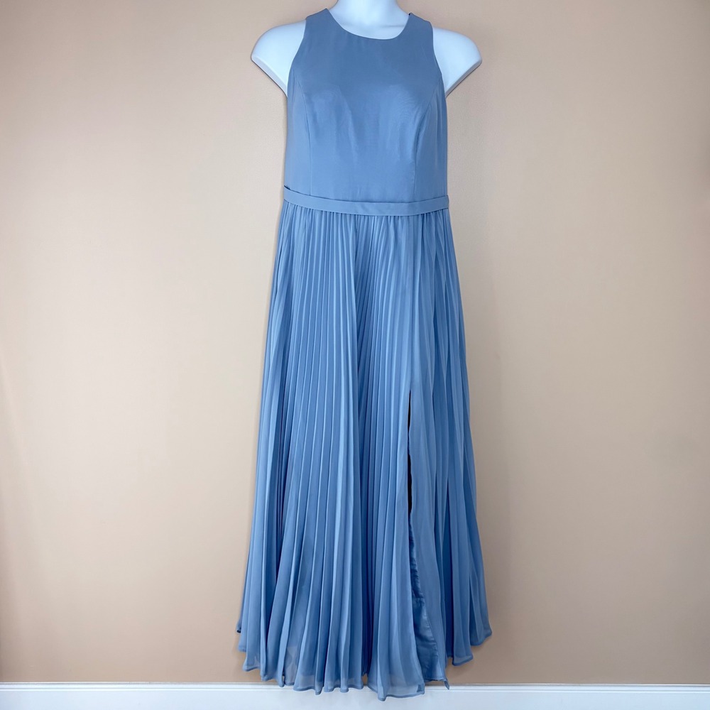 Azazie‎ Maxi Dress Women 20 Blue Pleated High Neck Padded Bust Formal Bridesmaid - Picture 12 of 12